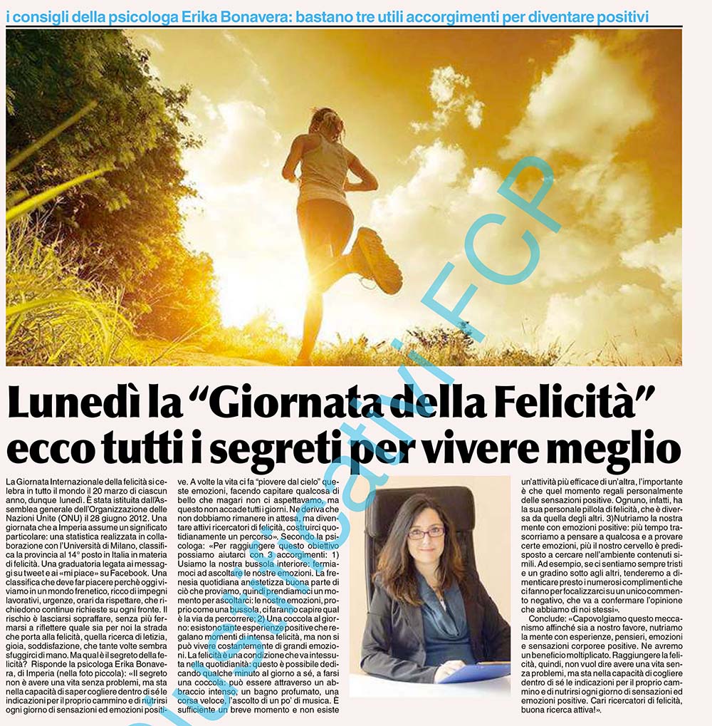psicologo imperia - Il Secolo XIX marzo 2017 - giornata della felicita